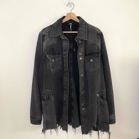 Free People Moonchild Distressed Denim Shirt Jacket Moon Dust Washed Black Small - Picture 5 of 16